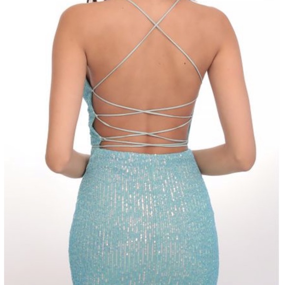 sequin cowl neck dress in teal blue, lace up back - Picture 4 of 7